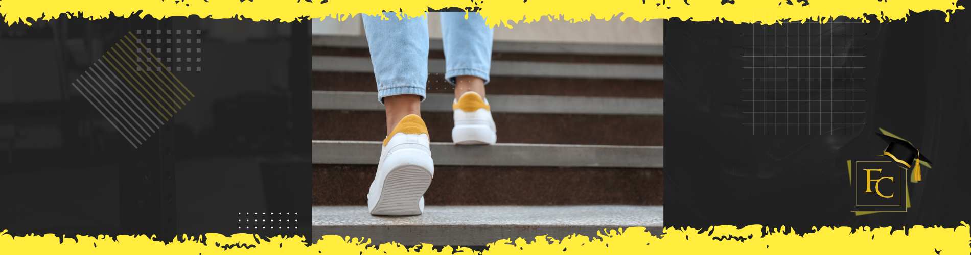 Close up of someone wearing white and yellow sneakers walking up steps, highlighting durability and safety of LVP flooring on stairs