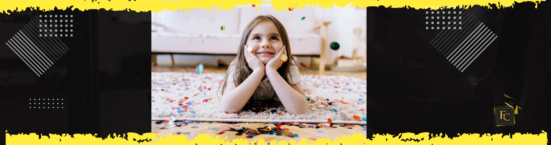 "A young girl smiling while lying on a soft, plush carpet covered in colorful confetti, with text overlay reading: Is Carpet Still a Good Option For My Home?