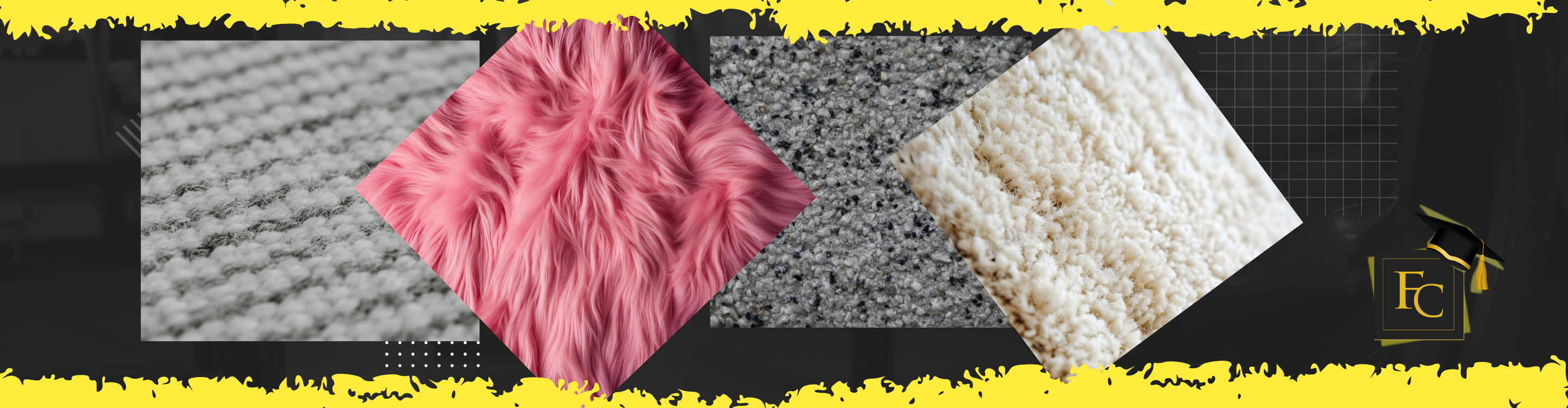 Collage showing different carpet fibers and textures with Floor Concepts logo