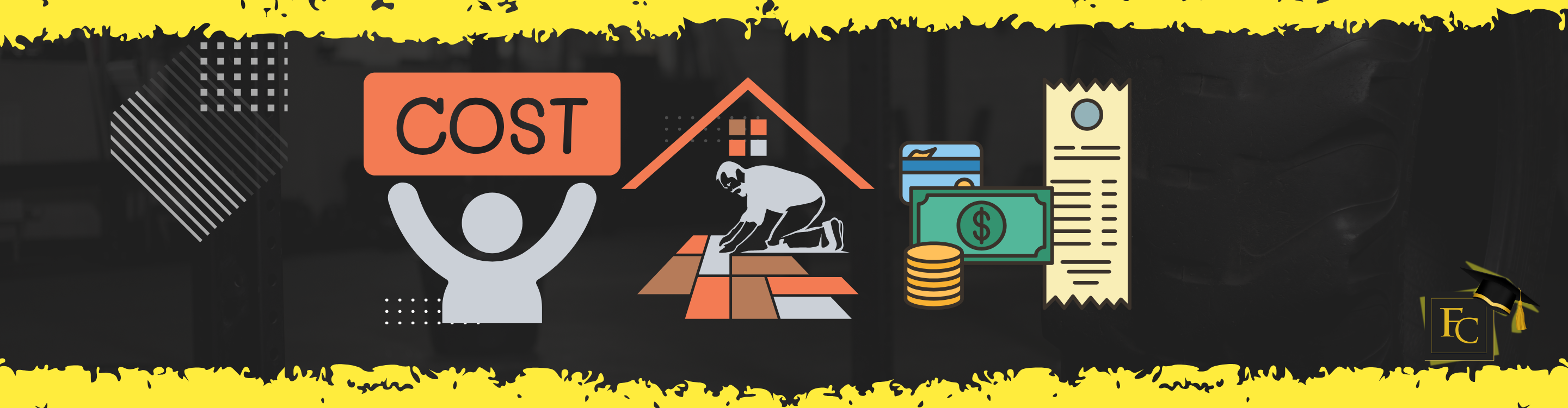 Graphic illustrating flooring installation costs, featuring a contractor laying floors, money icons, and a receipt