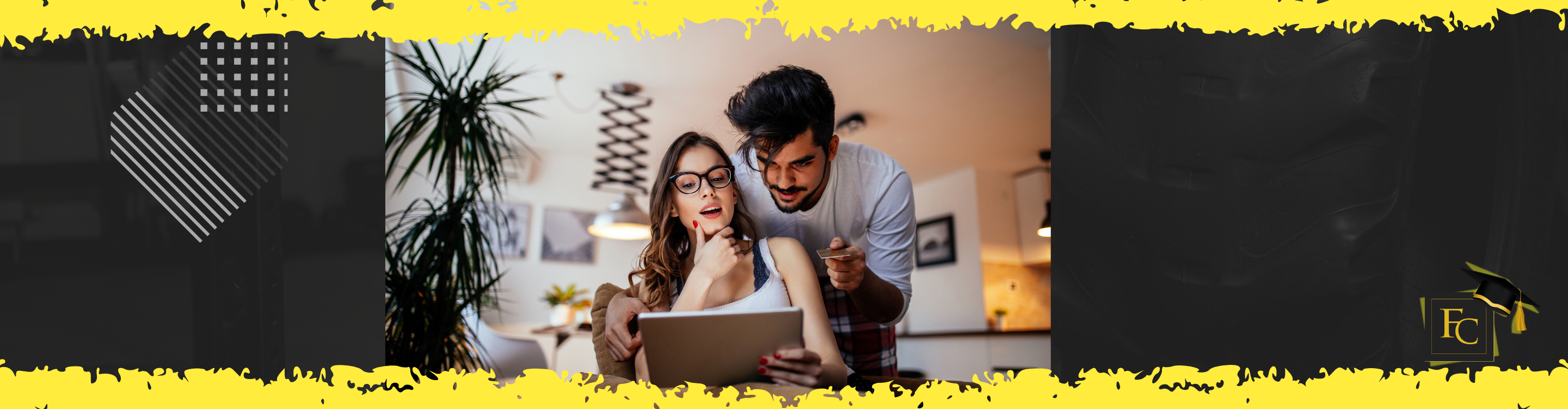 Young couple sitting at home looking at a tablet together while holding a credit card to shop online