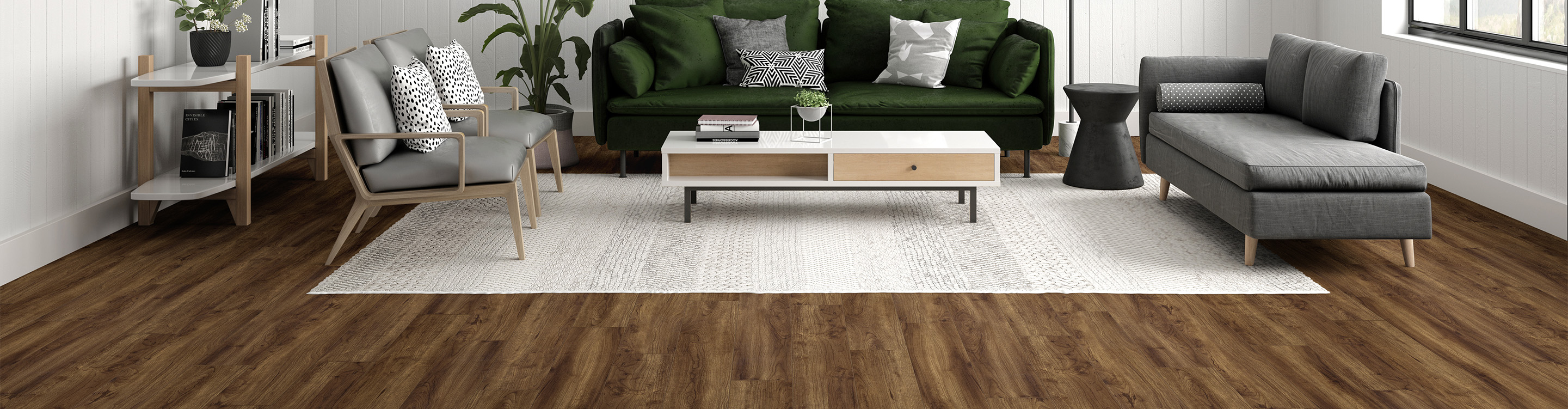 luxury vinyl flooring in living room with area rug