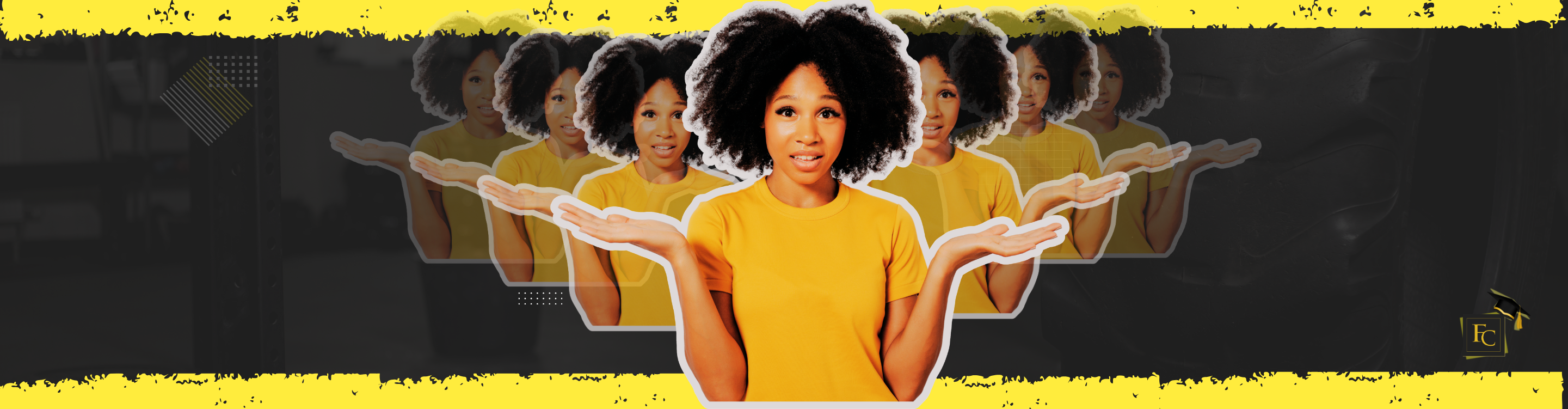 Graphic illustration of a woman with curly hair wearing a yellow shirt shrugging with her hands up against a dark background with a yellow border and an Floor Concepts logo