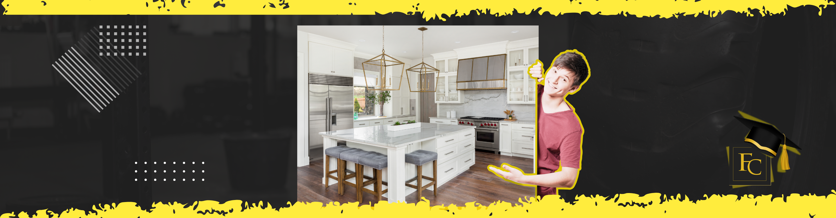 Luxury kitchen design banner featuring white cabinets, stainless steel appliances, and durable wood-plank flooring ideas for a kitchen remodel.