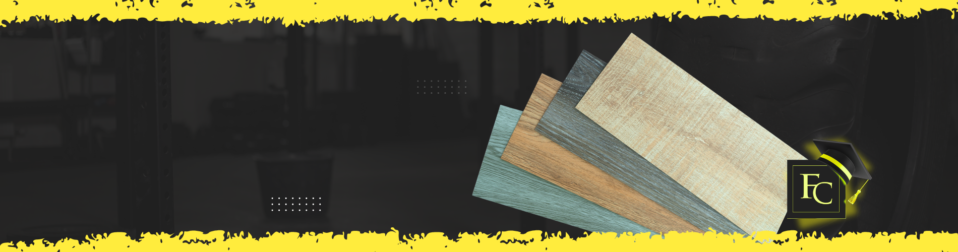 A promotional graphic titled 'What is LVP?' featuring four texturized luxury vinyl plank flooring samples in shades of beige, grey, brown, and teal, set against a dark background with a yellow border