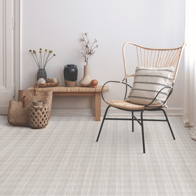 plaid neutral carpet in living room