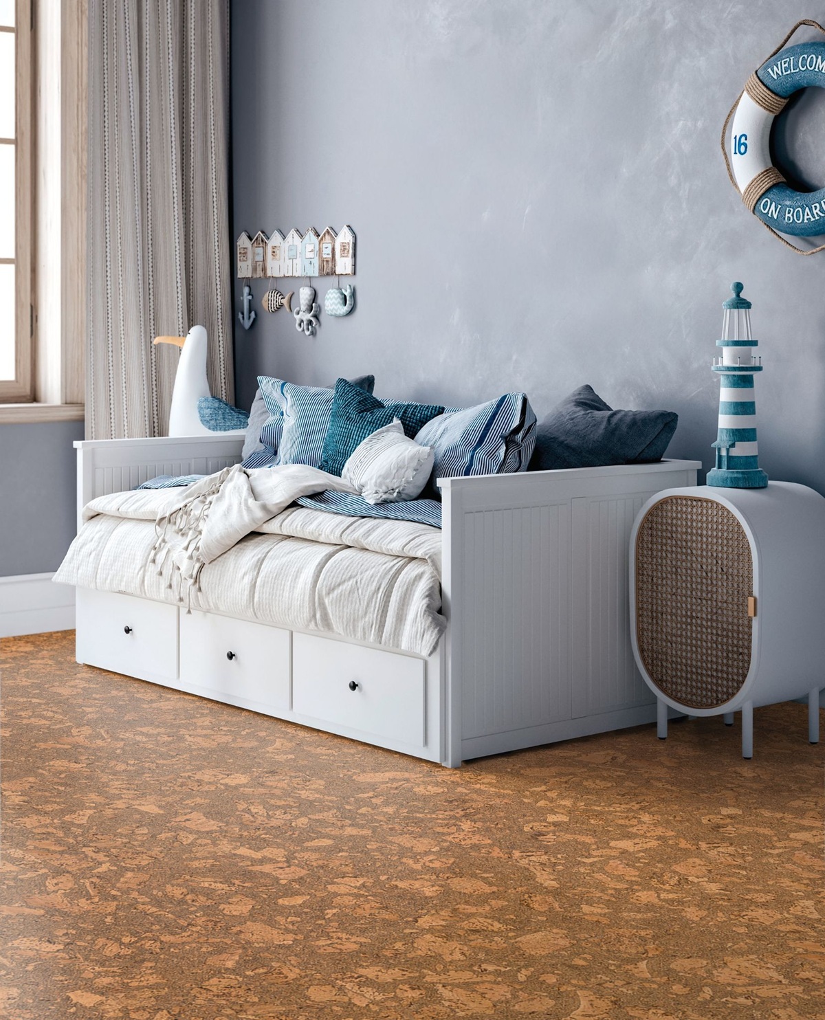 Cork flooring in a home, a renewable eco-friendly flooring option